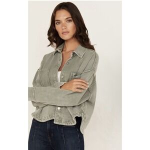White Crow Oversized Button Up Shacket Relaxed Cotton Mineral Wash Green Medium